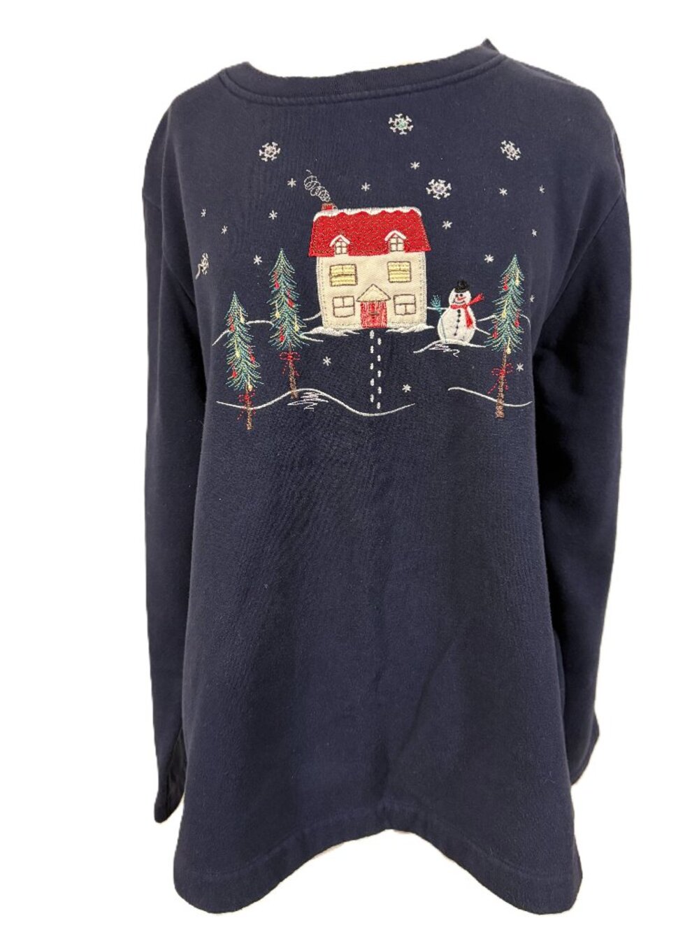 Vintage 90s White Stag Navy Winter Scene Sweatshirt XL Christmas Cottage